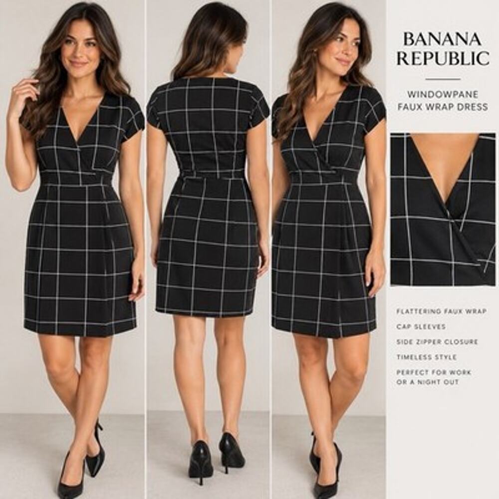 Banana Republic Size 8 Dress Faux Wrap Black And White Windowpane V Neck Career